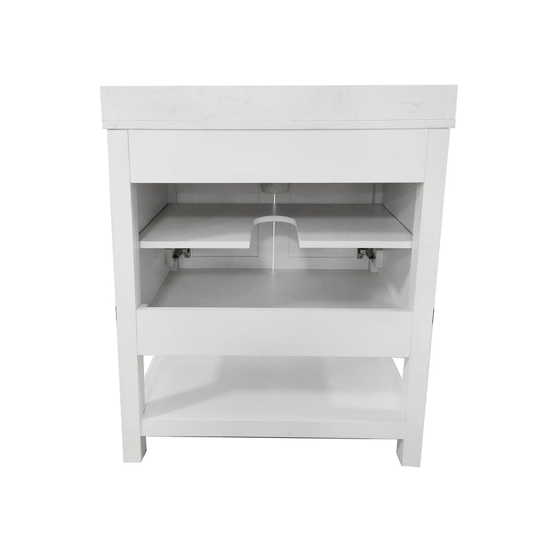 Vigo 30 Inch Bathroom Vanity with Ceramic Sink, Carrara Marble Finish Countertop, Storage Cabinet with Soft Close Doors and Open Shelf