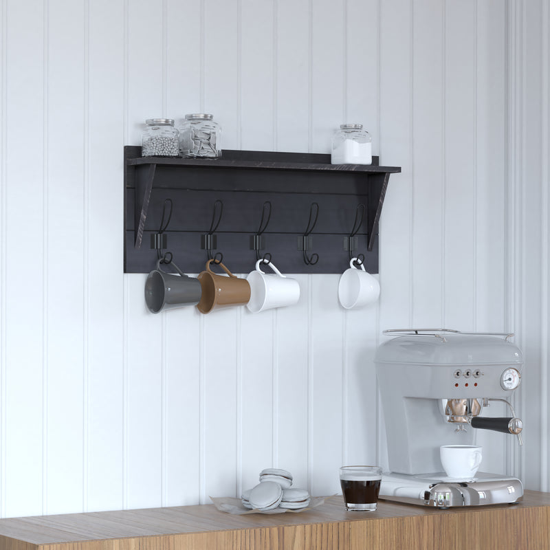 Enid Black Wash Pine Wood 24 Inch Wall Mount Storage Rack with Hanging Hooks and Upper Display Shelf
