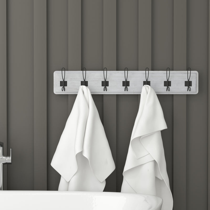 Enid 34 Inch Wall Mount Pine Wood Storage Rack with Hanging Hooks, Entryway, Kitchen, Bathroom