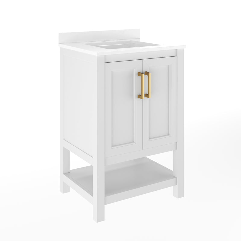 Vigo 24 Inch Bathroom Vanity with Ceramic Sink, Carrara Marble Finish Countertop, Storage Cabinet with Soft Close Doors and Open Shelf
