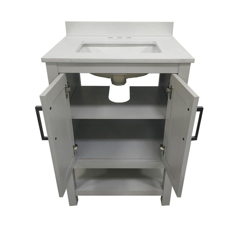 Vigo 24 Inch Bathroom Vanity with Ceramic Sink, Carrara Marble Finish Countertop, Storage Cabinet with Soft Close Doors and Open Shelf
