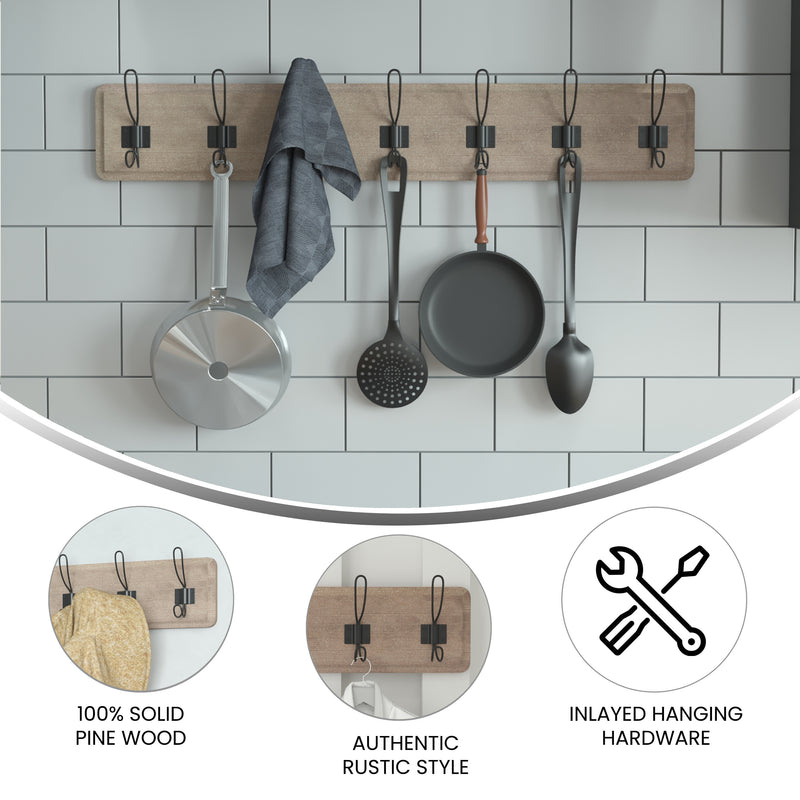 Enid 34 Inch Wall Mount Pine Wood Storage Rack with Hanging Hooks, Entryway, Kitchen, Bathroom