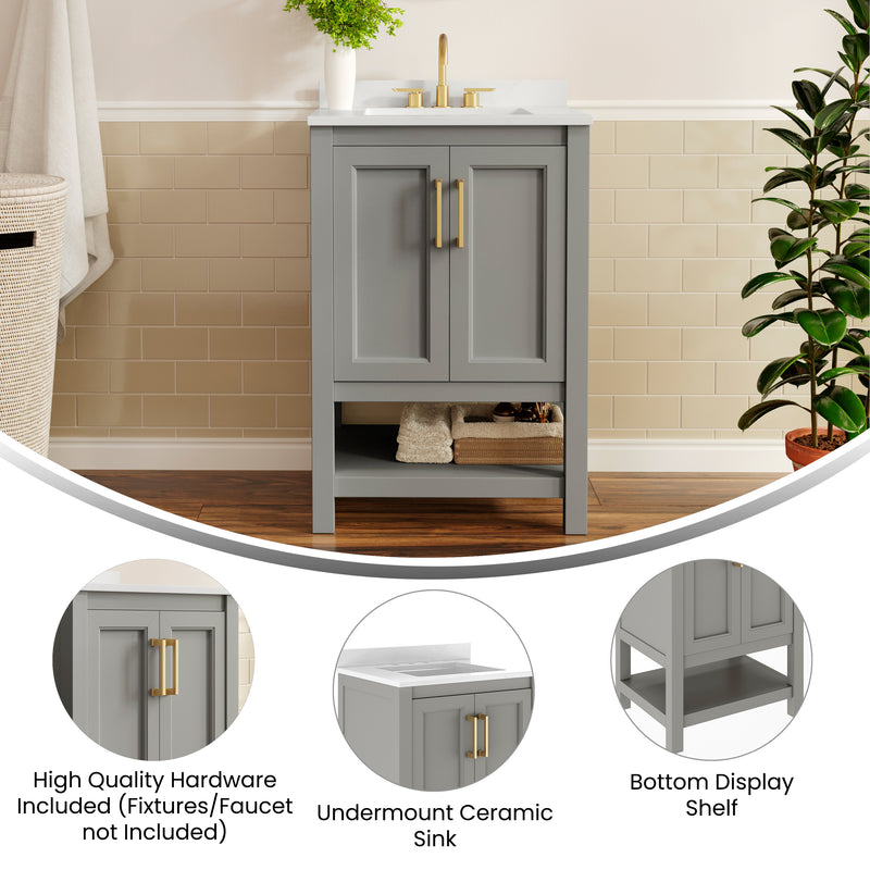 Vigo 24 Inch Bathroom Vanity with Ceramic Sink, Carrara Marble Finish Countertop, Storage Cabinet with Soft Close Doors and Open Shelf
