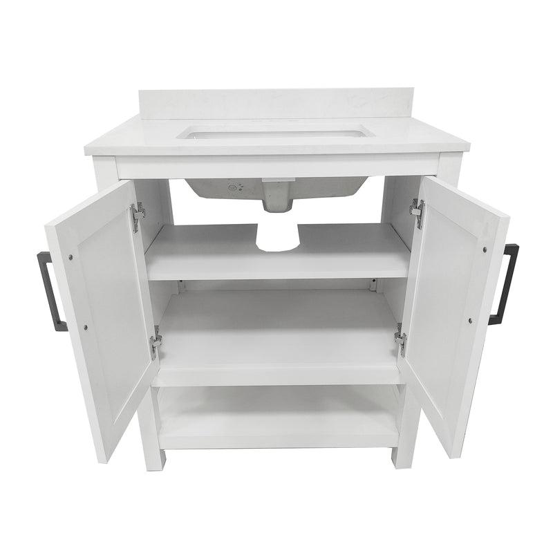 Vigo 30 Inch Bathroom Vanity with Ceramic Sink, Carrara Marble Finish Countertop, Storage Cabinet with Soft Close Doors and Open Shelf