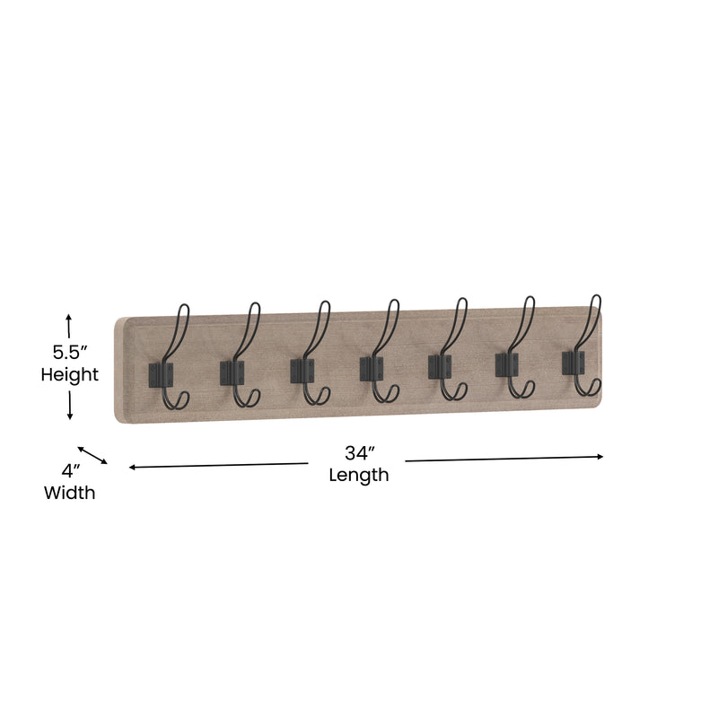 Enid 34 Inch Wall Mount Pine Wood Storage Rack with Hanging Hooks, Entryway, Kitchen, Bathroom