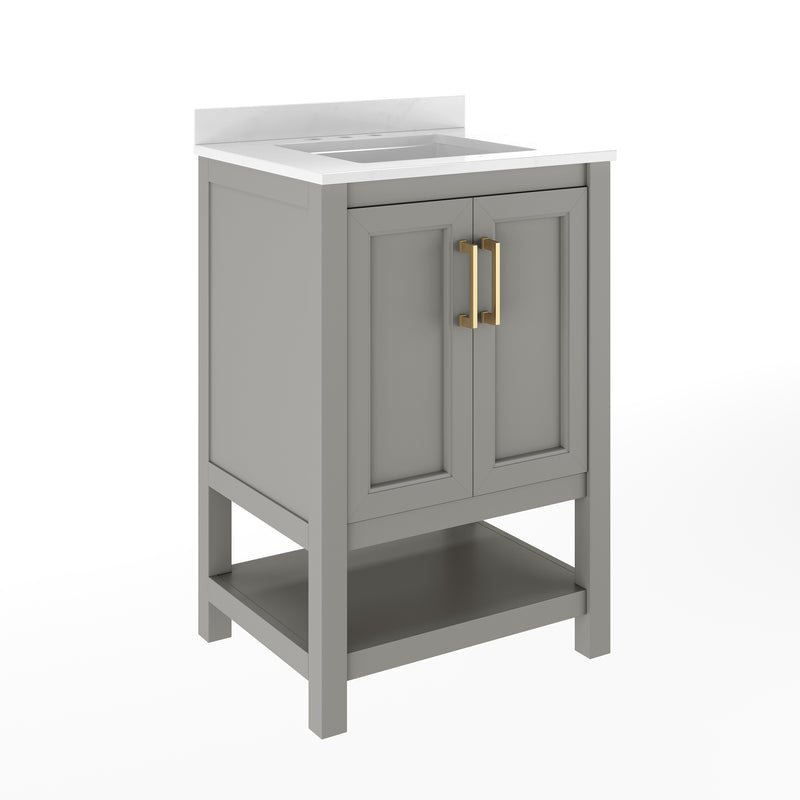 Vigo 24 Inch Bathroom Vanity with Ceramic Sink, Carrara Marble Finish Countertop, Storage Cabinet with Soft Close Doors and Open Shelf