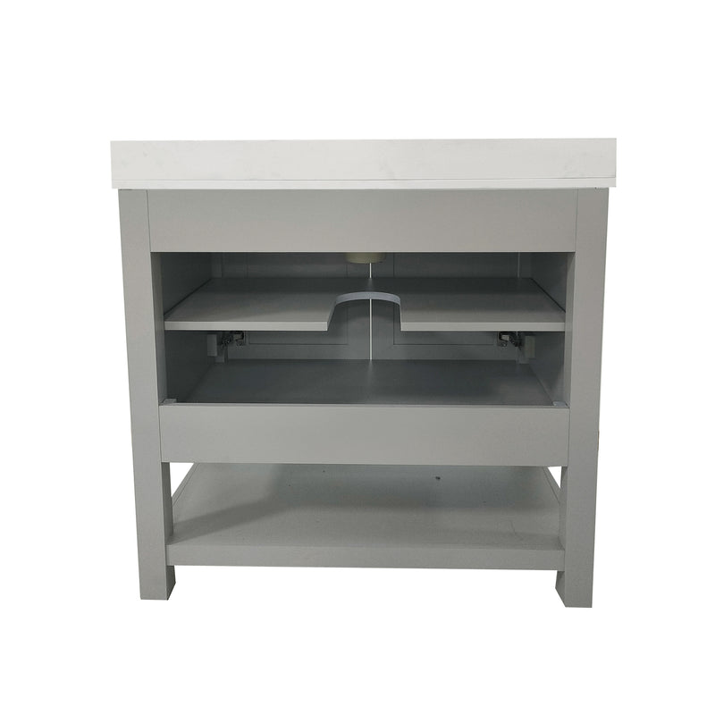 Vigo 30 Inch Bathroom Vanity with Ceramic Sink, Carrara Marble Finish Countertop, Storage Cabinet with Soft Close Doors and Open Shelf