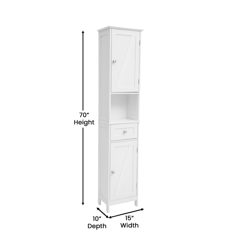 Delilah Slim Linen Tower Organizer with Storage Drawer, Upper and Lower Cabinets with Magnetic Closure Doors and Open Shelf