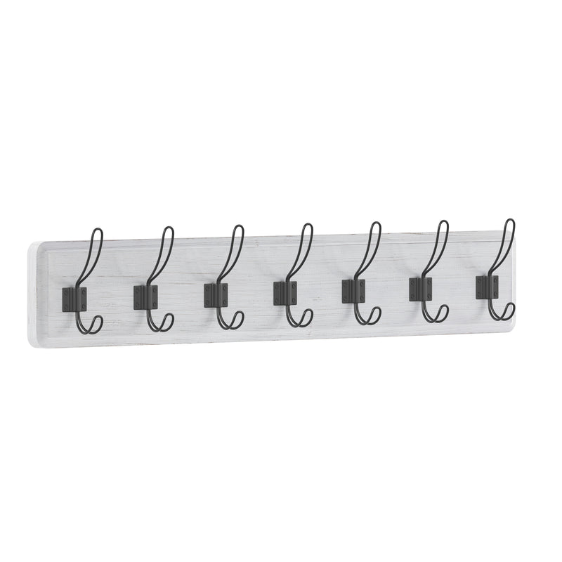 Enid 34 Inch Wall Mount Pine Wood Storage Rack with Hanging Hooks, Entryway, Kitchen, Bathroom