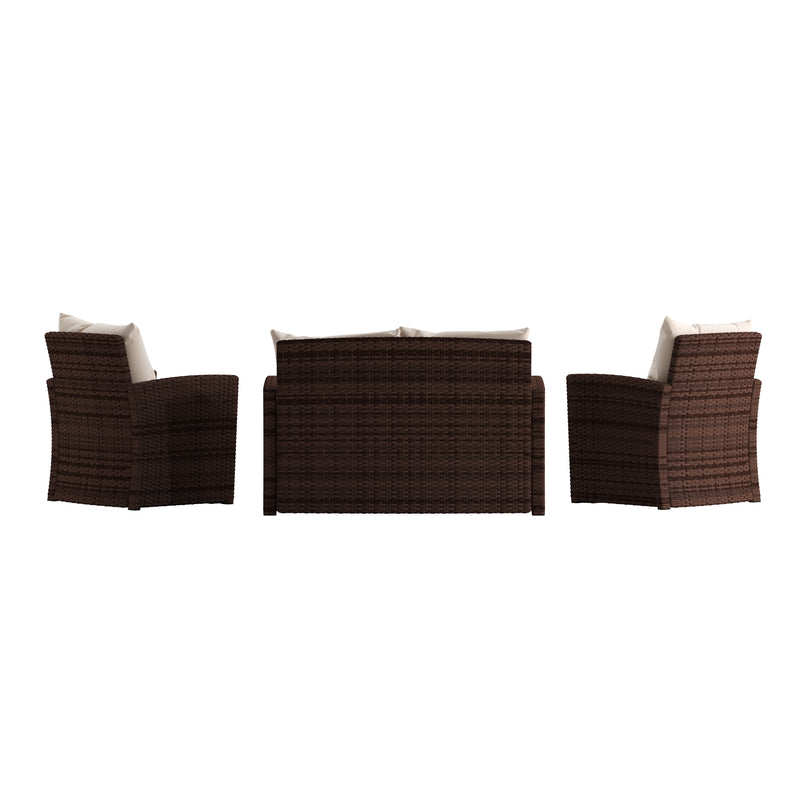 Atlas 4 Piece Patio Set Contemporary Loveseat, 2 Chair and Coffee Table Set with  Back Pillows and Seat Cushions
