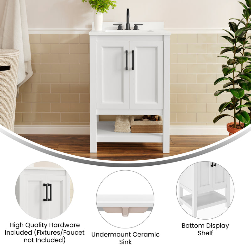 Vigo 24 Inch Bathroom Vanity with Ceramic Sink, Carrara Marble Finish Countertop, Storage Cabinet with Soft Close Doors and Open Shelf
