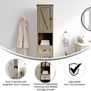 Delilah Slim Linen Tower Organizer with Storage Drawer, Upper and Lower Cabinets with Magnetic Closure Doors and Open Shelf