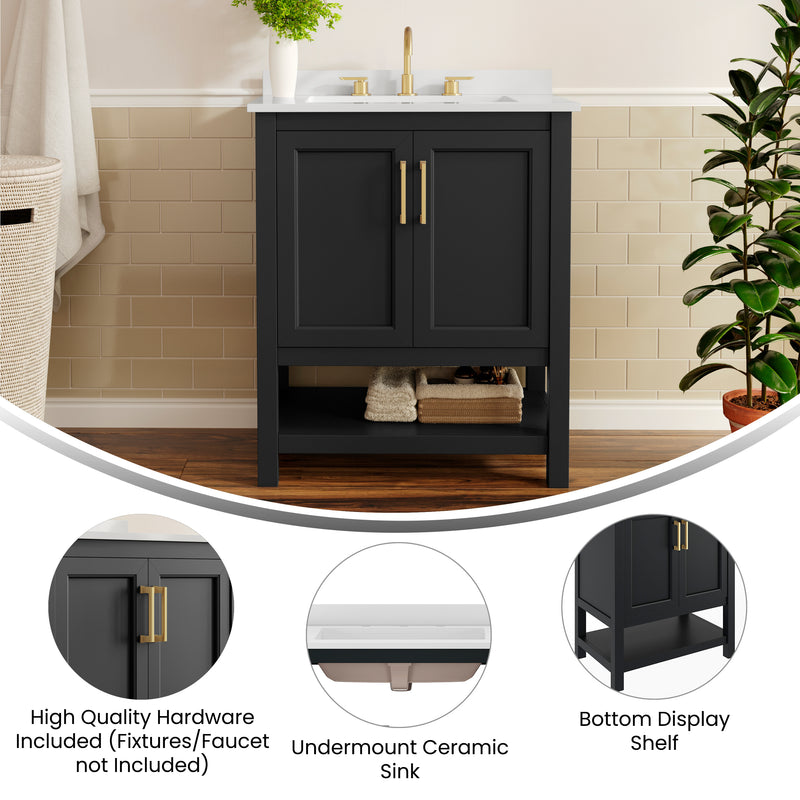 Vigo 30 Inch Bathroom Vanity with Ceramic Sink, Carrara Marble Finish Countertop, Storage Cabinet with Soft Close Doors and Open Shelf