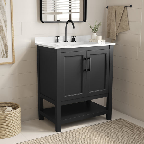 Vigo 30 Inch Bathroom Vanity with Ceramic Sink, Carrara Marble Finish Countertop, Storage Cabinet with Soft Close Doors and Open Shelf
