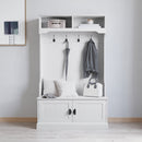 Wallen Hallway Tree with Bench Seating, 4 Double Coat Hooks, Upper Storage and Double Door Under Bench Storage in White