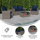Atlas 4 Piece Patio Set Contemporary Loveseat, 2 Chair and Coffee Table Set with  Back Pillows and Seat Cushions