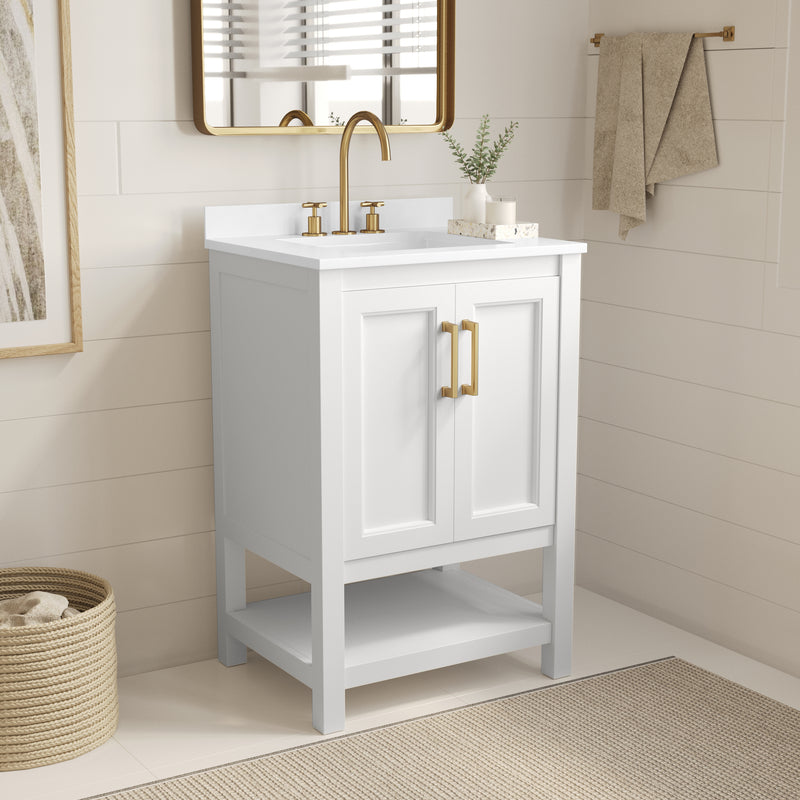 Vigo 24 Inch Bathroom Vanity with Ceramic Sink, Carrara Marble Finish Countertop, Storage Cabinet with Soft Close Doors and Open Shelf