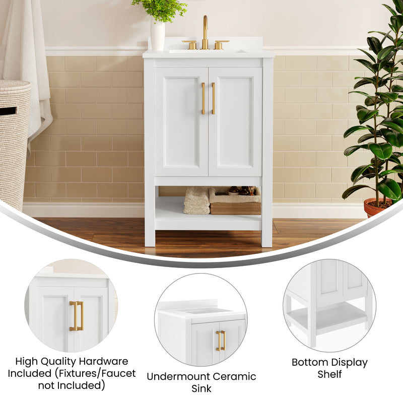 Vigo 24 Inch Bathroom Vanity with Ceramic Sink, Carrara Marble Finish Countertop, Storage Cabinet with Soft Close Doors and Open Shelf