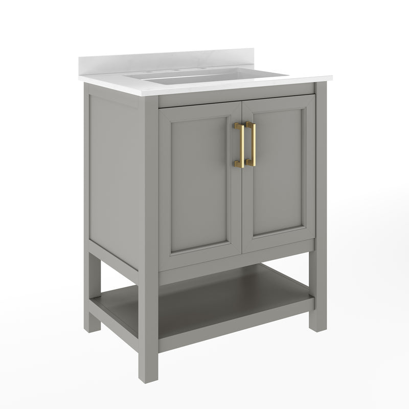 Vigo 30 Inch Bathroom Vanity with Ceramic Sink, Carrara Marble Finish Countertop, Storage Cabinet with Soft Close Doors and Open Shelf