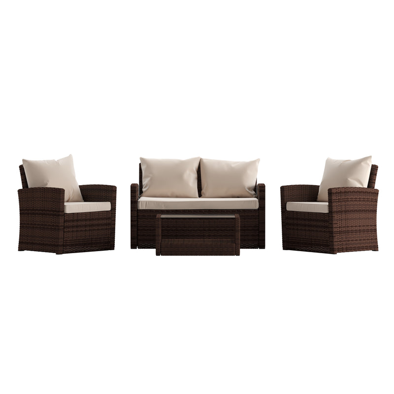 Atlas 4 Piece Patio Set Contemporary Loveseat, 2 Chair and Coffee Table Set with  Back Pillows and Seat Cushions