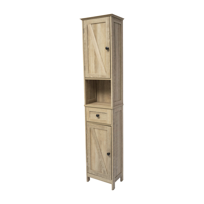 Delilah Slim Linen Tower Organizer with Storage Drawer, Upper and Lower Cabinets with Magnetic Closure Doors and Open Shelf