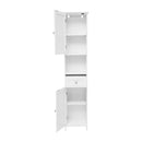 Delilah Slim Linen Tower Organizer with Storage Drawer, Upper and Lower Cabinets with Magnetic Closure Doors and Open Shelf