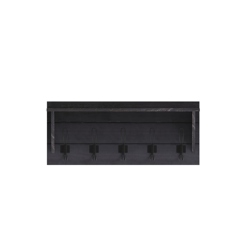 Enid Black Wash Pine Wood 24 Inch Wall Mount Storage Rack with Hanging Hooks and Upper Display Shelf