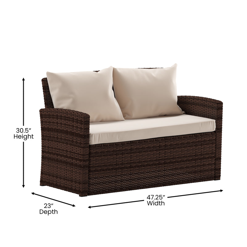 Atlas 4 Piece Patio Set Contemporary Loveseat, 2 Chair and Coffee Table Set with  Back Pillows and Seat Cushions