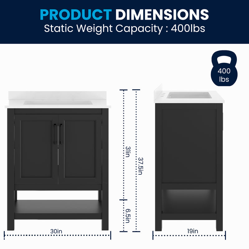 Vigo 30 Inch Bathroom Vanity with Ceramic Sink, Carrara Marble Finish Countertop, Storage Cabinet with Soft Close Doors and Open Shelf