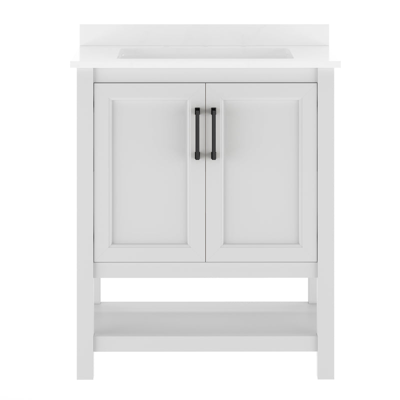 Vigo 30 Inch Bathroom Vanity with Ceramic Sink, Carrara Marble Finish Countertop, Storage Cabinet with Soft Close Doors and Open Shelf