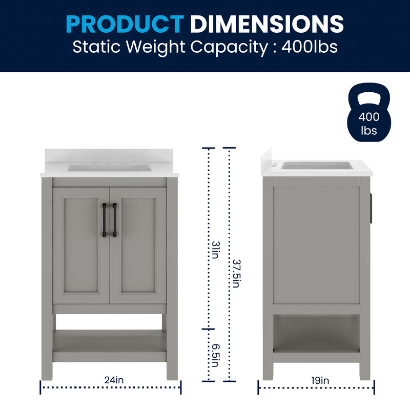 Vigo 24 Inch Bathroom Vanity with Ceramic Sink, Carrara Marble Finish Countertop, Storage Cabinet with Soft Close Doors and Open Shelf