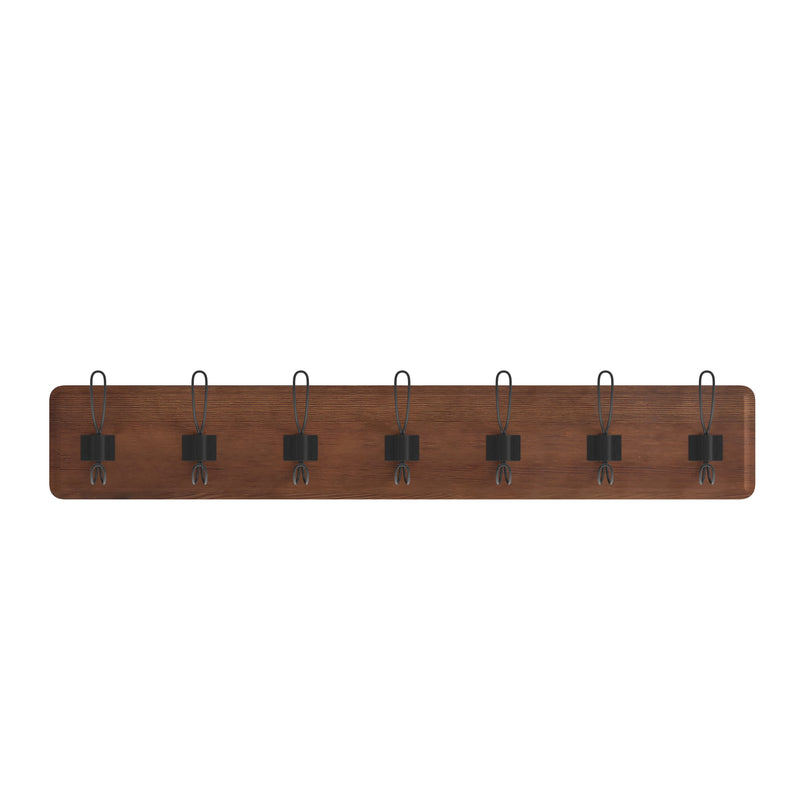 Enid 34 Inch Wall Mount Pine Wood Storage Rack with Hanging Hooks, Entryway, Kitchen, Bathroom
