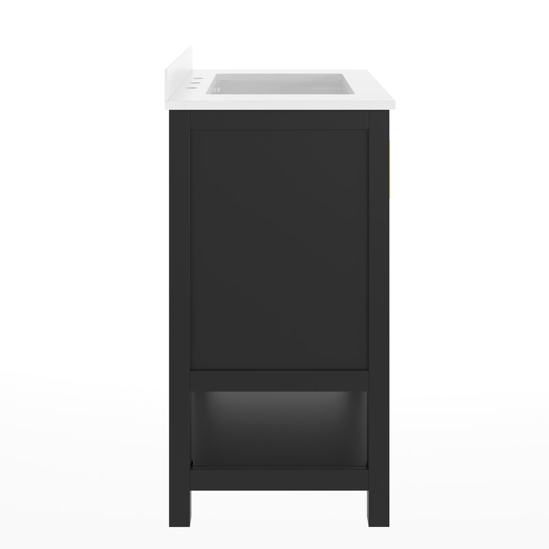 Vigo 30 Inch Bathroom Vanity with Ceramic Sink, Carrara Marble Finish Countertop, Storage Cabinet with Soft Close Doors and Open Shelf