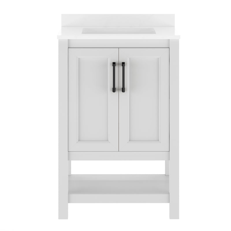 Vigo 24 Inch Bathroom Vanity with Ceramic Sink, Carrara Marble Finish Countertop, Storage Cabinet with Soft Close Doors and Open Shelf