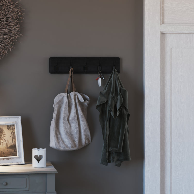 Enid 24 Inch Wall Mount Black Wash Pine Wood Storage Rack with Hanging Hooks, Entryway, Kitchen, Bathroom