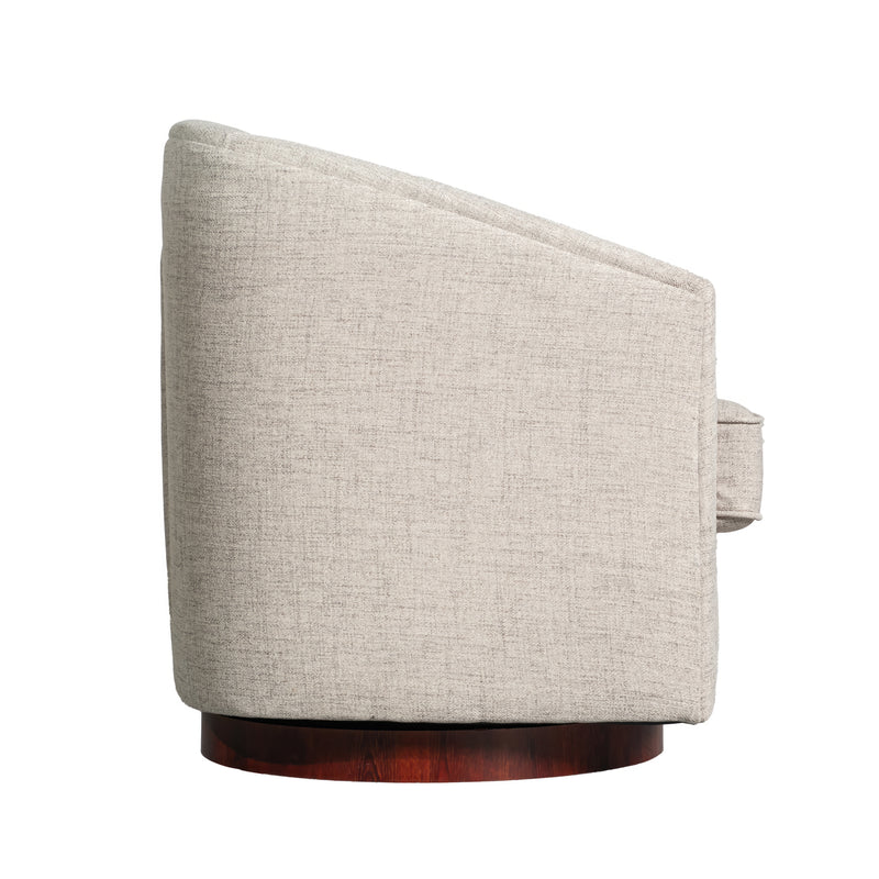 Wyn Fabric Upholstered Club Style Barrel Chair with Sloped Armrests and 360 Degree Swivel Base in a Woodgrain Vinyl Wrap