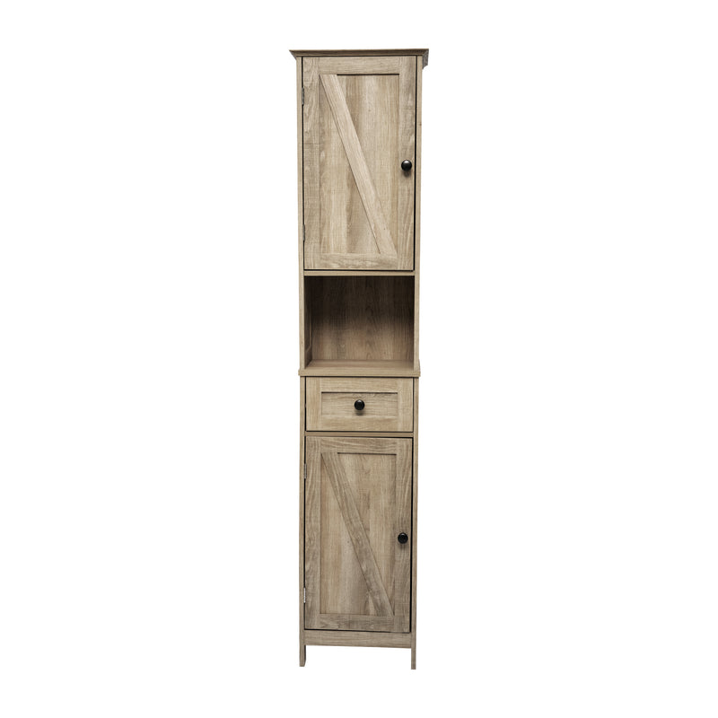 Delilah Slim Linen Tower Organizer with Storage Drawer, Upper and Lower Cabinets with Magnetic Closure Doors and Open Shelf