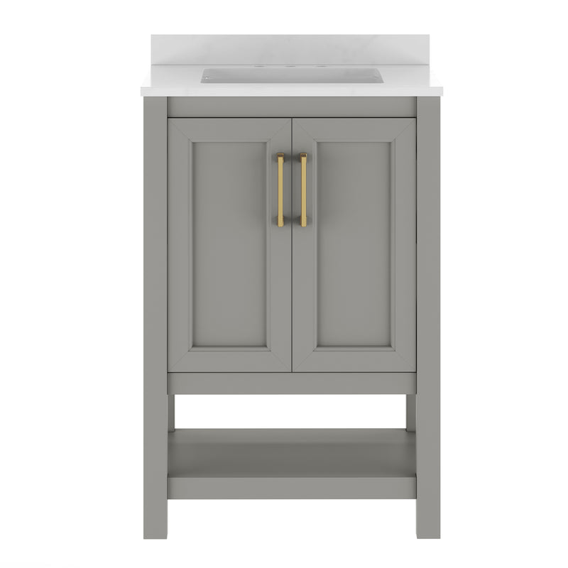 Vigo 24 Inch Bathroom Vanity with Ceramic Sink, Carrara Marble Finish Countertop, Storage Cabinet with Soft Close Doors and Open Shelf