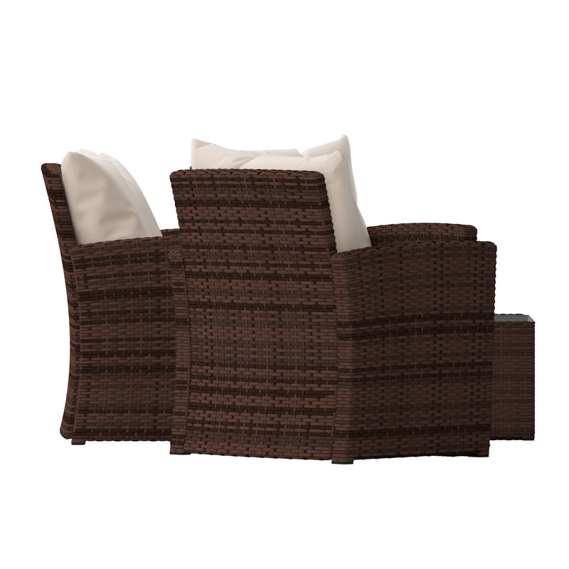 Atlas 4 Piece Patio Set Contemporary Loveseat, 2 Chair and Coffee Table Set with  Back Pillows and Seat Cushions