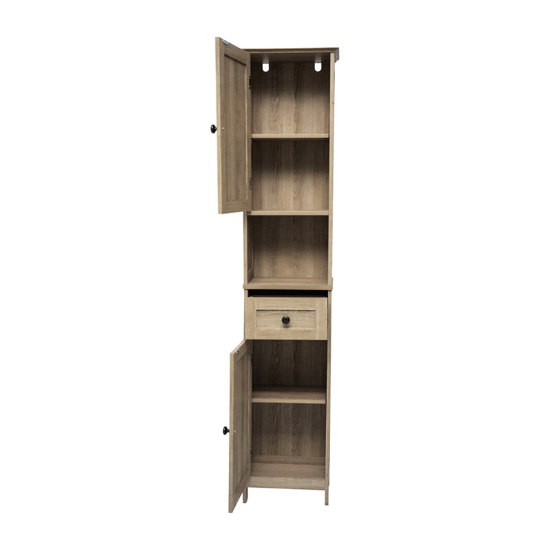 Delilah Slim Linen Tower Organizer with Storage Drawer, Upper and Lower Cabinets with Magnetic Closure Doors and Open Shelf