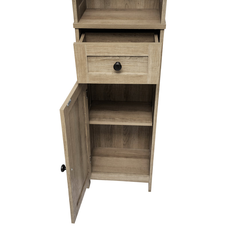 Delilah Slim Linen Tower Organizer with Storage Drawer, Upper and Lower Cabinets with Magnetic Closure Doors and Open Shelf