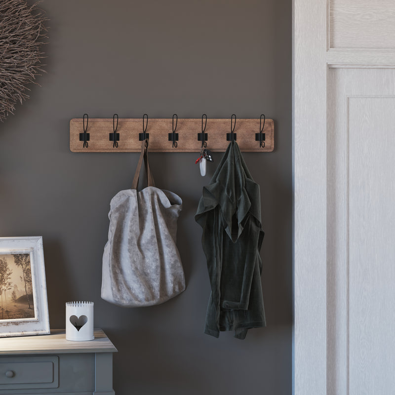 Enid 34 Inch Wall Mount Pine Wood Storage Rack with Hanging Hooks, Entryway, Kitchen, Bathroom