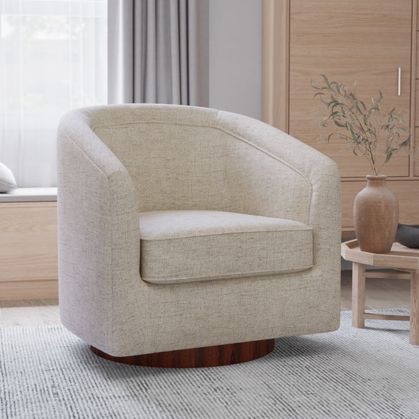 Wyn Fabric Upholstered Club Style Barrel Chair with Sloped Armrests and 360 Degree Swivel Base in a Woodgrain Vinyl Wrap