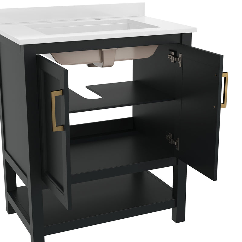 Vigo 30 Inch Bathroom Vanity with Ceramic Sink, Carrara Marble Finish Countertop, Storage Cabinet with Soft Close Doors and Open Shelf