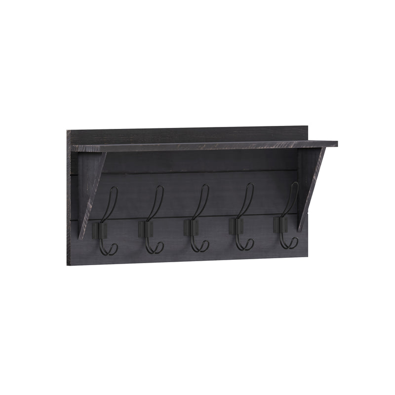 Enid Black Wash Pine Wood 24 Inch Wall Mount Storage Rack with Hanging Hooks and Upper Display Shelf