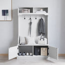 Wallen Hallway Tree with Bench Seating, 4 Double Coat Hooks, Upper Storage and Double Door Under Bench Storage in White