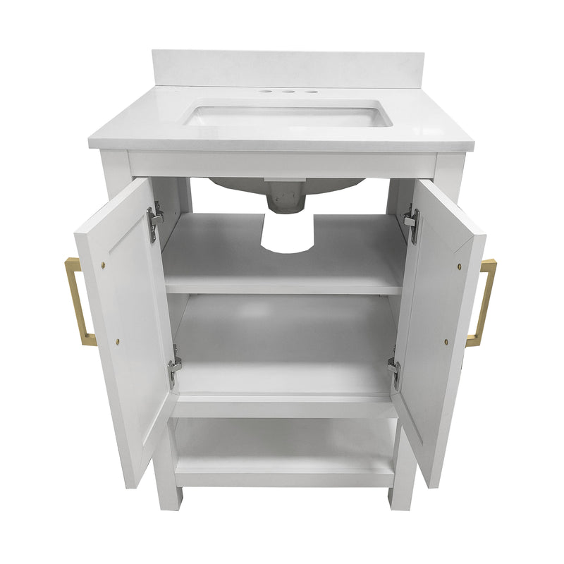 Vigo 24 Inch Bathroom Vanity with Ceramic Sink, Carrara Marble Finish Countertop, Storage Cabinet with Soft Close Doors and Open Shelf