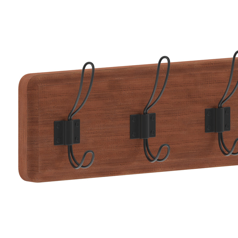 Enid 34 Inch Wall Mount Pine Wood Storage Rack with Hanging Hooks, Entryway, Kitchen, Bathroom