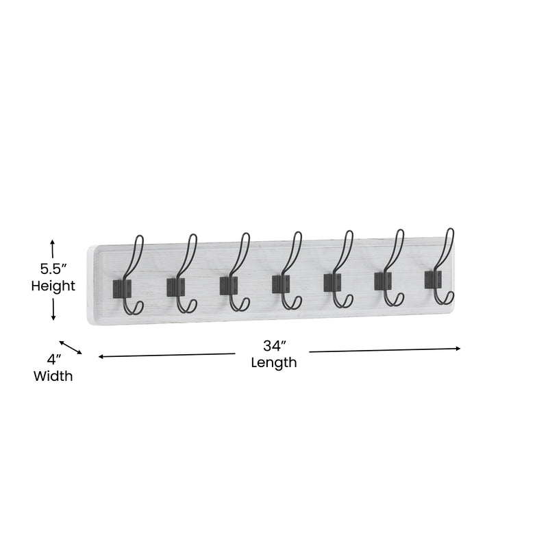 Enid 34 Inch Wall Mount Pine Wood Storage Rack with Hanging Hooks, Entryway, Kitchen, Bathroom