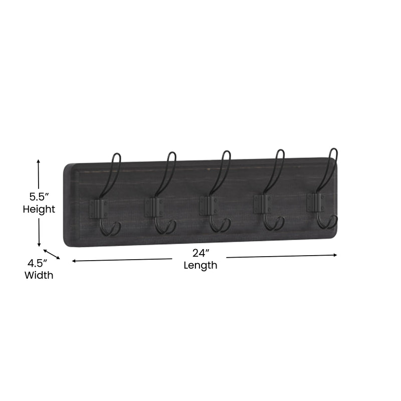 Enid 24 Inch Wall Mount Black Wash Pine Wood Storage Rack with Hanging Hooks, Entryway, Kitchen, Bathroom